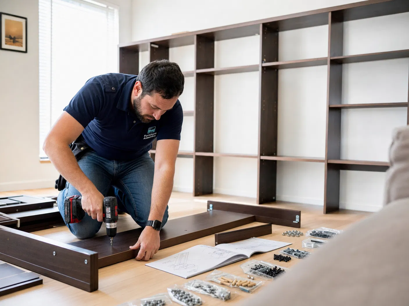 Professional handyman assembling a large bookshelf in a modern living room — Viking Solutions