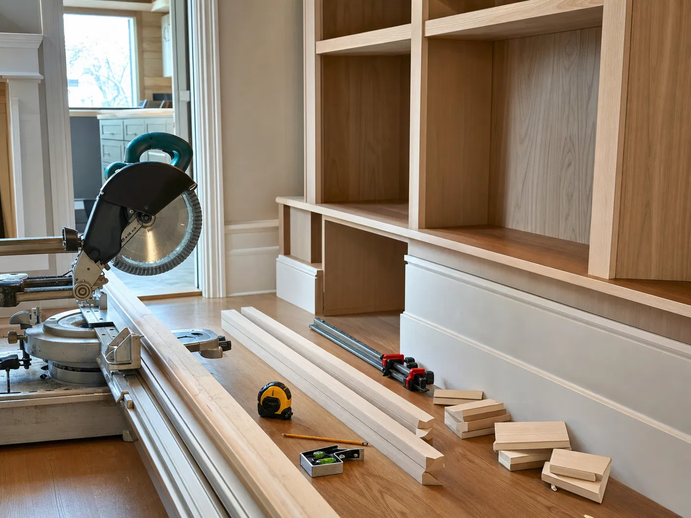 Carpentry work with trim, shelving materials, and clean finish tools for a home improvement project.