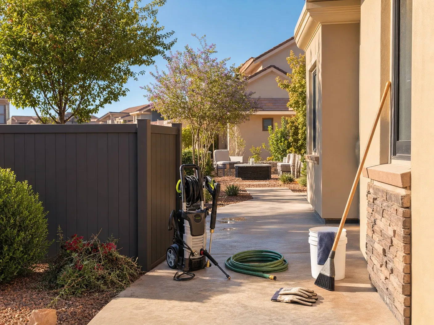Exterior maintenance service with pressure washing tools, cleanup supplies, and a Southern Utah home exterior.