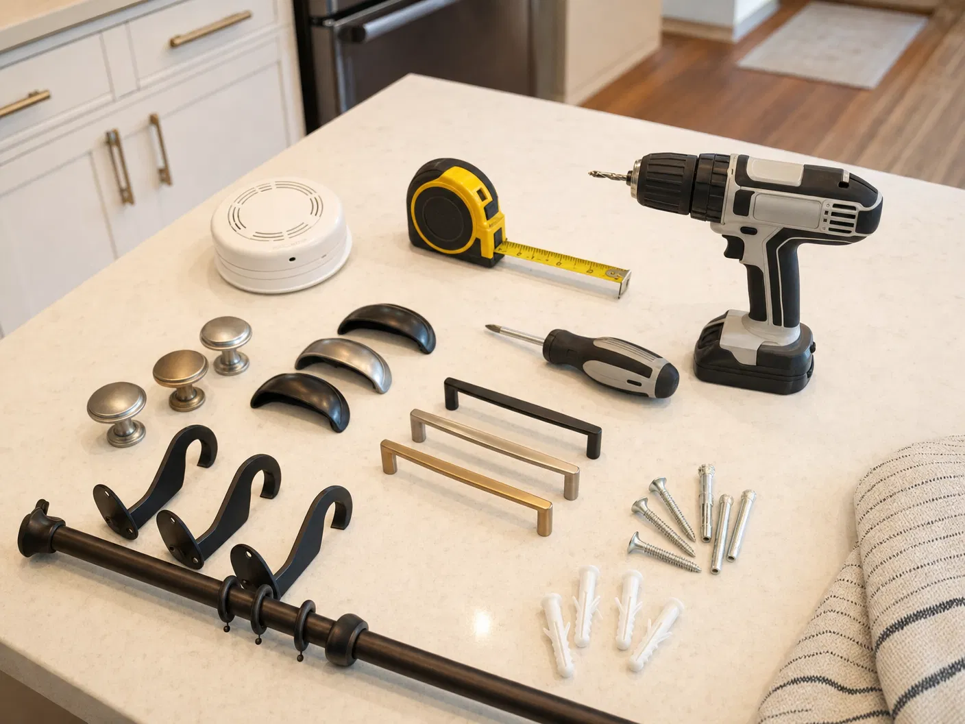 Fixture and hardware swap service with cabinet pulls, knobs, brackets, tools, and organized parts.