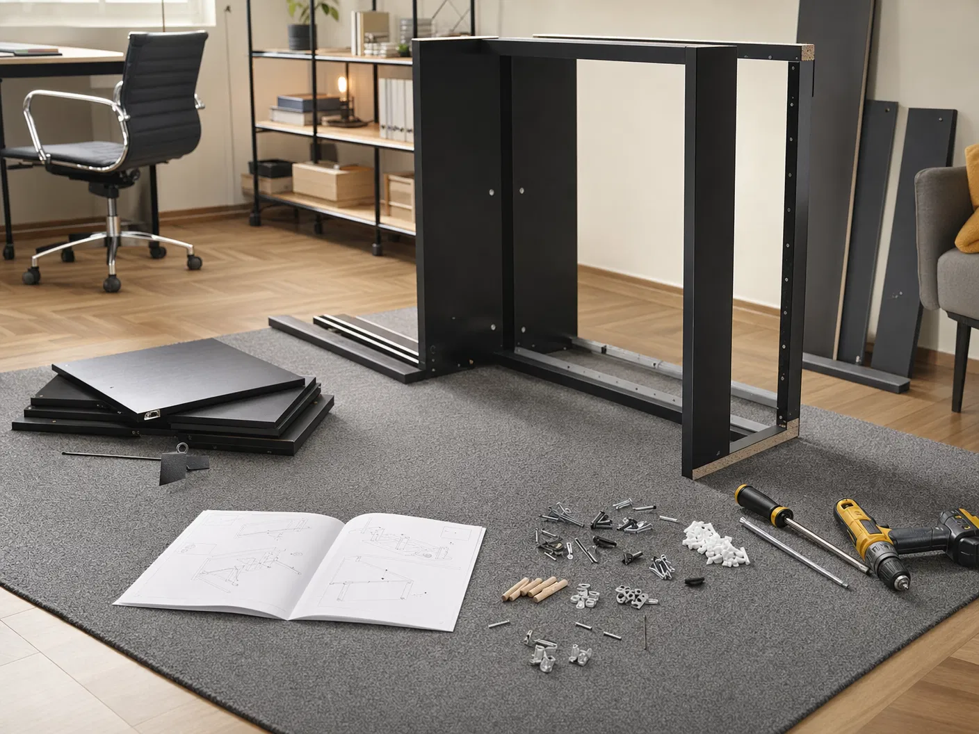 Furniture assembly service with organized hardware and tools in a clean Southern Utah home.