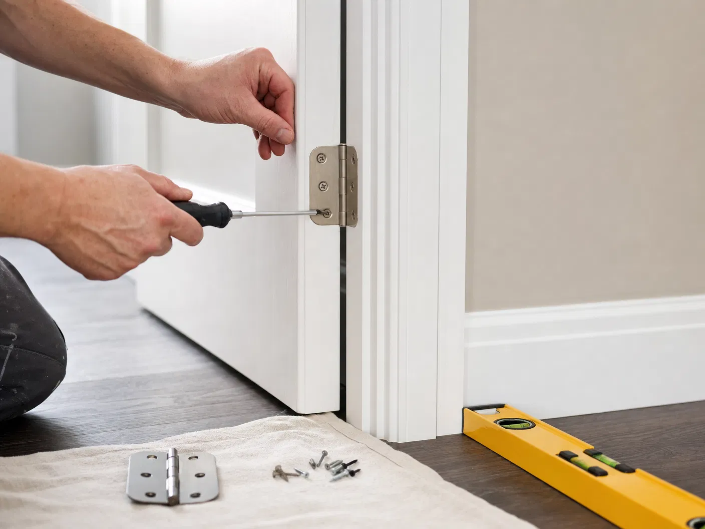 Home repair work showing a door and trim adjustment with clean tools and careful setup.