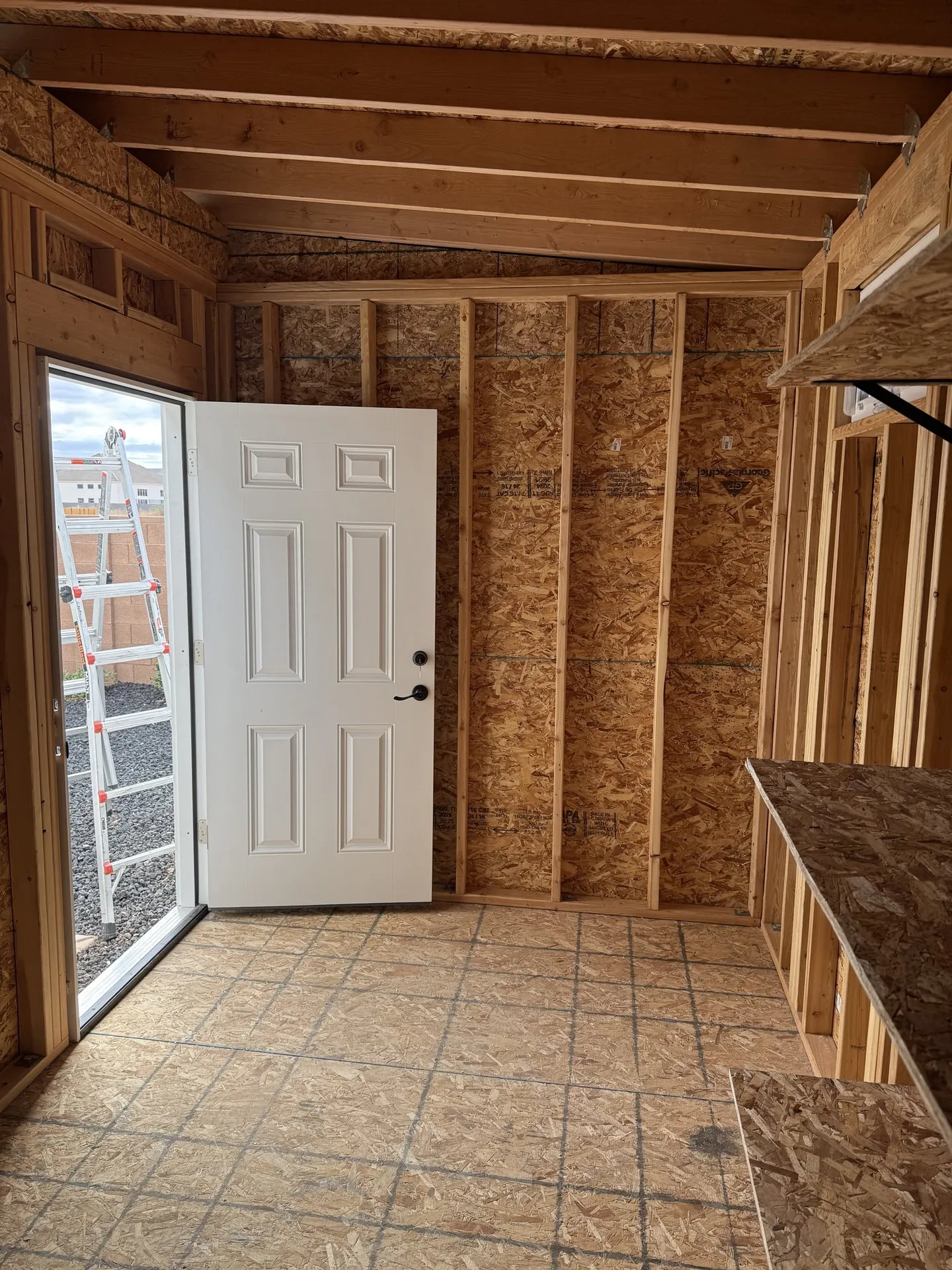Viking Solutions shed build interior — white 6-panel door installed with shelving visible