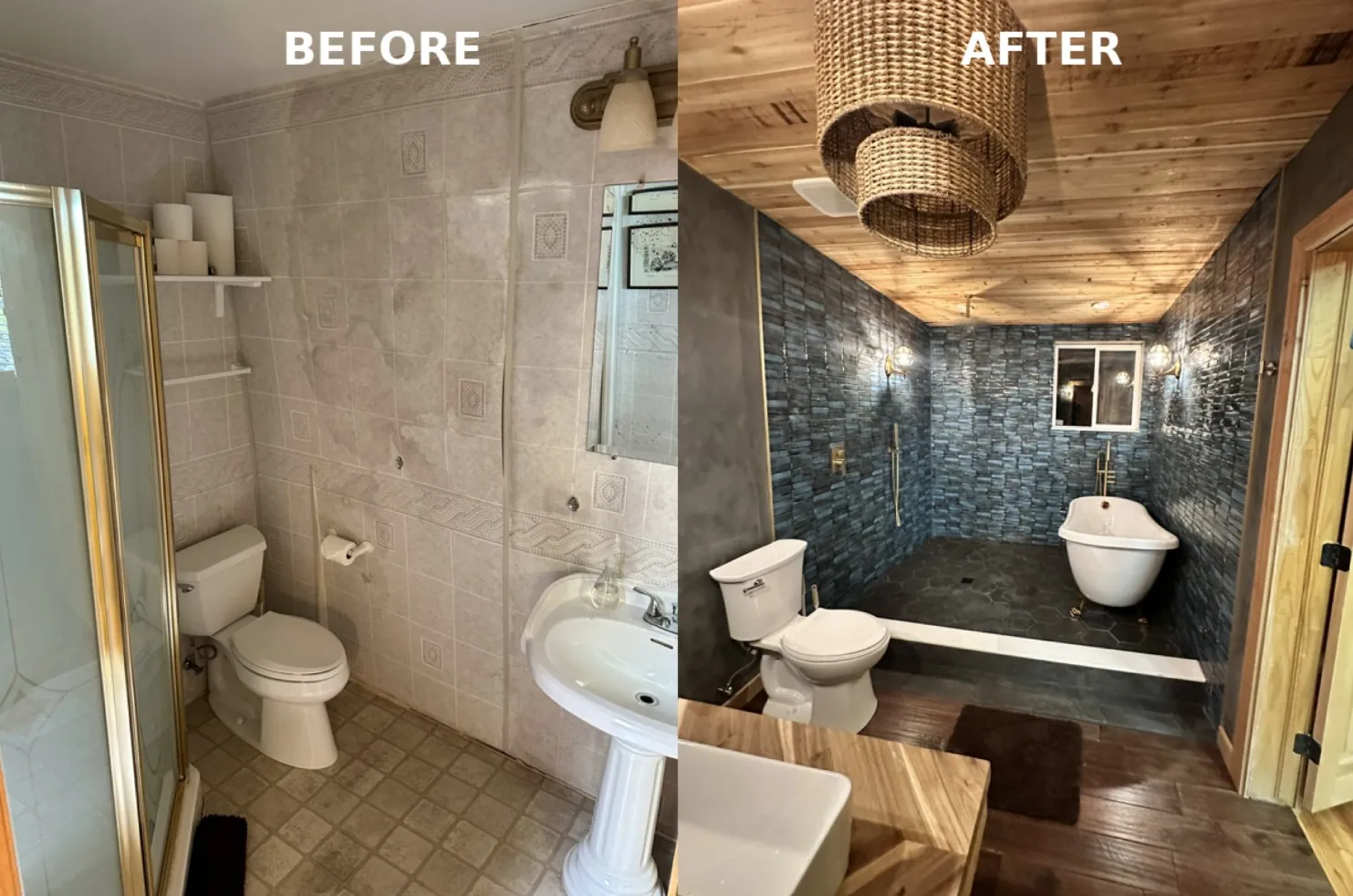 Side-by-side before and after: dated beige tile bathroom transformed into spa-style retreat with blue teal stacked tile, cedar ceiling, clawfoot tub, and Moroccan fixtures