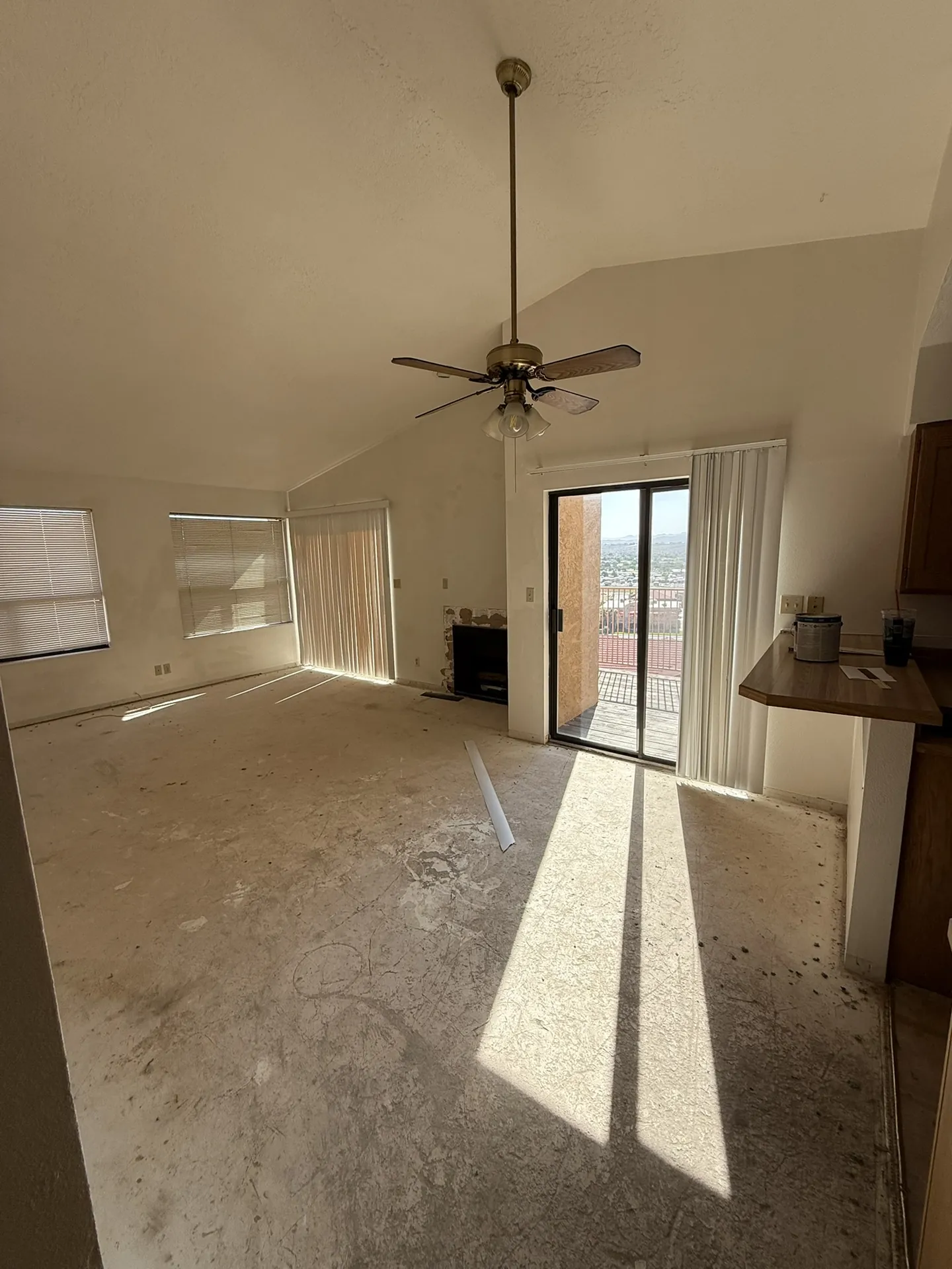 Condo before remodel — living room with original carpet, dated finishes, and the view visible through the windows