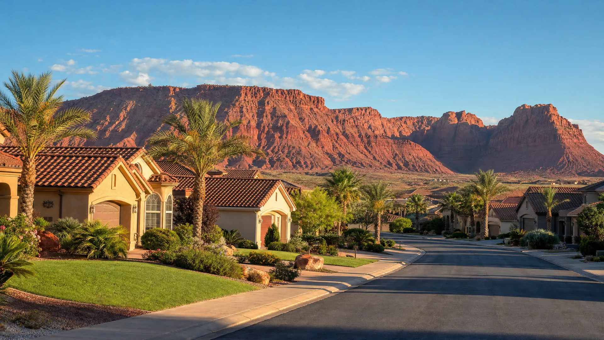 St. George Utah neighborhood with red rock mesa backdrop — Washington County residential area