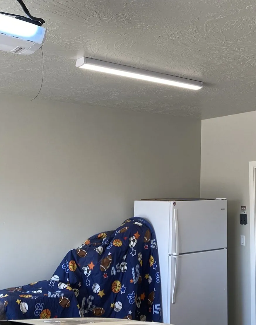 Garage before overhead storage rack installation — empty ceiling, garage door opener visible